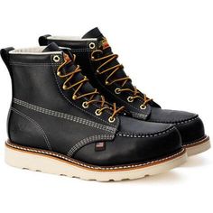 Thorogood Men's 6 Am Heritage 6 Wedge Work Boot - Black - 804-6201  - Overlook Boots Black Steel Toe Moc Toe Work Boots, Rugged Black Moc Toe Work Boots, Black Moc Toe Work Boots, Black Work Boots With Vibram Sole And Moc Toe, Black Moc Toe Slip-resistant Work Boots, Black Slip-resistant Work Boots With Moc Toe, Black Slip-resistant Moc Toe Work Boots, Black Moc Toe Boots With Slip-resistant Sole, Wedge Work Boots