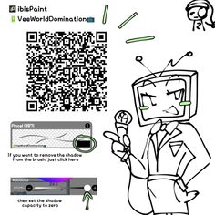 a drawing of a man in a suit holding a cell phone and pointing at the qr code