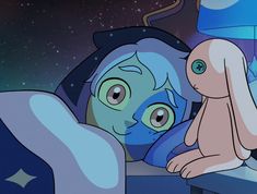 a cartoon character laying in bed with her head on the pillow and looking at something