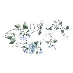 some blue flowers and green leaves on a white background with the word love written in it