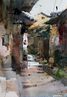 watercolor painting of an alley way with buildings