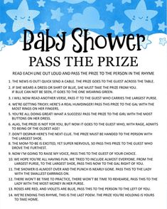 a baby shower pass the prize is shown in blue and white with stars on it