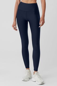 Just as perfect for out and about as they are for a good sweat session. These leggings are made from Airlift—our most compressive, supportive fabric with a sheeny finish and four-way-stretch for a glove-like fit. The high-rise waistband is double-layered for a sleek look, and the full-length legs are designed to hit at the ankle. Choose your favorite color(s) and get ready to wear yours on repeat. Versatile Compression Activewear In Solid Color, Versatile Solid Compression Activewear, Versatile Nylon Compression Activewear, Sporty Compression Full Length Activewear, Compression Activewear Made From Recycled Polyester, Compressive Full-length Activewear For Running, Versatile Compressive Nylon Activewear, Athleisure Training Leggings, Compressive Sporty Yoga Pants