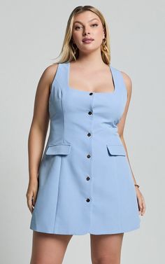 Kenna Mini Dress - Square Neck Button Down Mini Dress in Powder Blue | Showpo USA Elegant Square Neck Mini Dress With Buttons, Elegant Light Blue Square Neck Dress, Fitted Light Blue Dress With Button Closure, Chic Blue Square Neck Bodycon Dress, Chic Blue Bodycon Dress With Square Neck, Elegant Blue Bodycon Dress With Square Neck, Chic Blue Mini Dress With Square Neck, Chic Light Blue Mini Dress With Square Neck, Elegant Summer Bodycon Dress With Button Closure