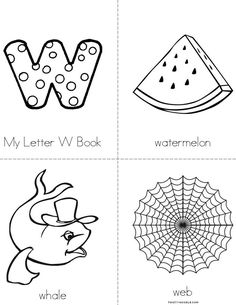 the letter w is for watermelon and other letters are in black and white