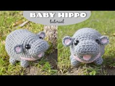 two crocheted hippos sitting next to each other in the grass with text overlay that says baby hippo