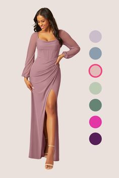 a woman in a purple dress with long sleeves and thigh high slits, standing next to color swatches