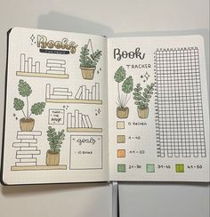 an open notebook with plants and books on it