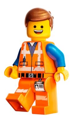 a lego man with an orange vest and blue shirt