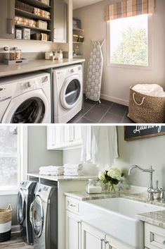 two pictures side by side one has a washer and dryer, the other is a laundry room