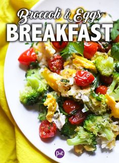 broccoli and eggs breakfast on a white plate with yellow cloth next to it