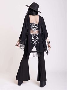 Long Sleeve Festival Kimono With Fringe, Long Sleeve Fringe Kimono For Festivals, Festival Long Sleeve Kimono With Fringe, Fitted Summer Kimono With Embroidery, Fitted Embroidered Summer Kimono, Fitted Summer Embroidered Kimono, Bohemian Black Tops With Fringe, Bohemian Fringe Kimono For Festival, Black Bohemian Tops With Fringe