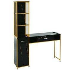 a black and gold desk with shelves on each side is shown in front of a white background