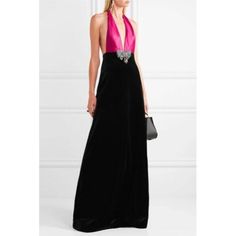 Nwt Authentic Gucci Cotton-Blend Velvet And Silk-Satin Fuchsia Halter Neck Gown. Back Zip. Made In Italy. Us Size 6 It Size 40. Originally Retailing For $5610. Gucci Black Soft Stretch Black Velvet Fuchsia Top Gown. Missing The Crystal Embroidered Bow Appliqu On The Waistline. Sleeveless. Deep V-Neck. Back Zip Closure. Fabric Two, Silk/Cotton. Lined. Minor Handling Wear Light Runs On Fuchsia Silk/Satin Triangles. Gucci Notes Alessandro Michele's Personal Instagram Reflects His Love Of The Renais Gucci Fitted Maxi Dress For Formal Occasions, Gucci Formal Maxi Length Dress, Gucci Maxi Dress For Party, Gucci Maxi Party Dress, Elegant Gucci Evening Maxi Dress, Elegant Gucci Wedding Dress, Gucci Elegant Evening Maxi Dress, Gucci Floor-length Evening Dress, Gucci Evening Maxi Dress