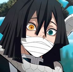 an anime character with black hair and yellow eyes wearing a white face mask while looking at the camera