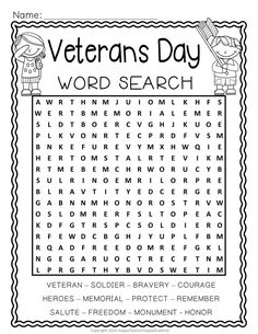 the veterans day word search is shown in black and white