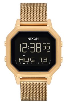 Be there on time when the surf is up with this stylish hexagonal digital watch featuring an easy-to-read LCD dial with tide table functionality. The durable design also features a chronograph stopwatch, multiple alarms, a calendar and 100-meter water-resistance for all those deep dives. Style Name:Nixon Siren Digital Bracelet Watch, 36mm. Style Number: 5897665_2. Available in stores. Nixon Watch, Mens Fashion Watches, Rose Gold Watch, Nixon, Sirens, Watch Movement, Sport Watches, Watches Jewelry, Casio Watch