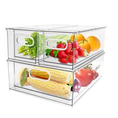 two clear containers filled with vegetables and fruits