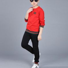 Boy Stripes Sweatshirt & Pants Children's Clothing - PrettyKid Casual Red Crew Neck Sets, Red Cotton Sets For Fall, Casual Red Cotton Sets, Red Cotton Fall Season Set, Clothing Vendors, Red Clothes, Boutique Wholesale, Boys Stripes