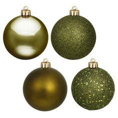 three green and gold christmas ornaments on a white background