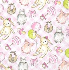 a pink and white checkered background with rabbits, balloons, and other items on it