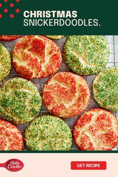 christmas cookies with sprinkles are on a cooling rack and the words, christmas snickkerdodles get recipe