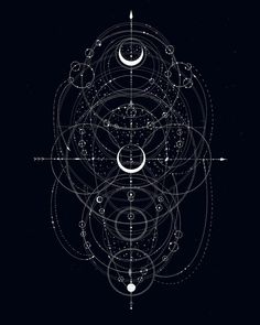 an abstract design with circles and stars in the center on a black background, as well as