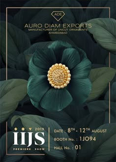 an event poster for the auro - diam expo, featuring green flowers and gold beads