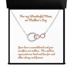 "PLEASE ORDER BY DECEMBER 13TH TO ENSURE DELIVERY BY CHRISTMAS.  THANK YOU SO MUCH! Show your eternal love with the Infinite Bond Necklace. A unique pendant created by combining the 18K Rose Gold plated infinity pendant and crystal heart, this piece is sure to be meaningful gift. Perfect for saying thank you to a spouse, lover or best friend, it symbolizes an unbreakable bond. Features - 18\"-24\" adjustable cable chain necklace - Lobster clasp attachment - Tarnish resistant, enduring shine - Decorated with a charming message card - Beautifully encased in an elegant box - 18K Rose Gold plated pendant with high quality stainless steel chain Care Instructions - Using a dry and clean cloth, wipe off any dust or dirt. Don't store your item in a humid environment" Meaningful Infinity Jewelry Gift, Infinity Necklace For Mom On Valentine's Day, Personalized Infinity Necklaces For Anniversary Gift, Infinity Necklace For Birthday Or Valentine's Day, Infinity Jewelry For Valentine's Day Gift For Mom, Personalized Infinity Necklace For Gifts, Personalized Infinity Necklace For Gift, Infinity-shaped Jewelry For Mom For Valentine's Day, Personalized Infinity Necklace Gift