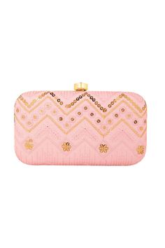 This designer pastel pink and gold hand-crafted faux silk embroidered box clutch with sequins embellished work has one main compartment with clasp closure and a detachable metal chain. Can also be used as a sling bag. Product Features: Color: Pink and Gold Material: Faux Silk Product Dimension- 20L x 7H x 13W cm Product Type: Clutch Occasion: Smart Casual Fabric Care: Wipe with a clean, dry cloth to remove dust Product Weight: 260 Grams Disclaimer: Color and Texture may have slight variation due Embroidery Clutch, Saree With Belt, Silk Clutch, Box Clutch, Gold Hand, Gold Hands, Foil Print, Embroidered Silk, Gold Material