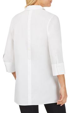 A back button placket enlivens this stretch-poplin tunic styled with abbreviated sleeves and airy side vents. Style Name:Foxcroft Pamela Stretch Button-Up Tunic. Style Number: 6058073. Button-up Tunic For Workwear, Button-up Tunic For Work, Elegant Fitted Tunic For Workwear, Elegant Tops With Roll-up Sleeves For Daywear, Elegant Tunic With Buttons, Modern Blouse With Buttons For Daywear, Modern Blouse With Buttons, Tunic Style, Tunic Styles