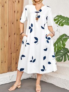 Plus Size Elegant Leaf Print V-Neck Short Sleeve Dress Blue and White Casual  Short Sleeve Woven Fabric Plants A Line Non-Stretch  Women Plus Clothing, size features are:Bust: ,Length: ,Sleeve Length: Dresses For Plus Size Women Casual, Fabric Plants, Piano Stool, Types Of Lace, Plus Size Elegant, Long Red Dress, Women Maxi, Leaf Print, White Casual