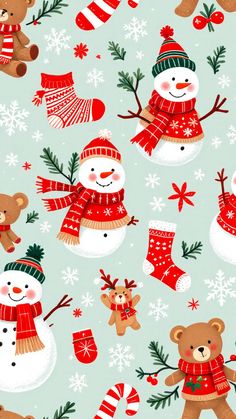 a christmas pattern with teddy bears, snowmen and stockings on a light blue background