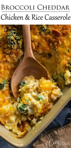 broccoli cheddar chicken and rice casserole with a wooden spoon