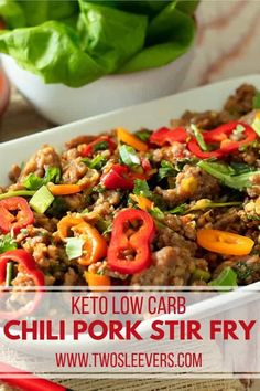 keto low carb chili pork stir fry in a white casserole dish