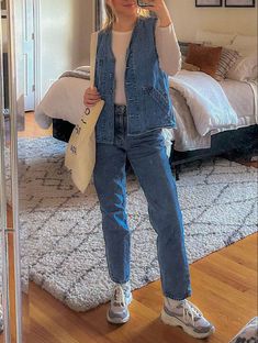 Denim Vest With Long Sleeve Shirt, Jeans Waistcoat Woman Outfit, Winter Denim Vest Outfit, Vintage Jean Vest Outfits, Canadian Tuxedo Outfit, Denim Vest Jacket Outfit, 90s Denim Vest Outfit, Denim Vest Winter Outfit