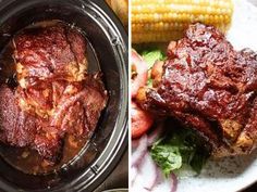 two pictures side by side one has ribs and the other has corn on the cob