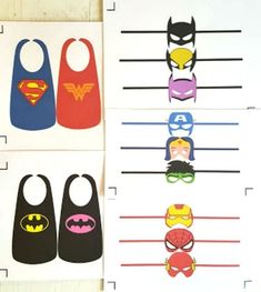 four different superman and batman bibs cut out to look like they are hanging on the wall