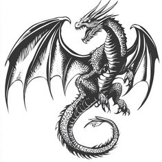 a black and white drawing of a dragon