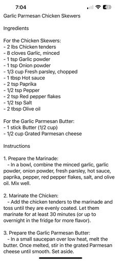 the recipe for garlic parmesan chicken skewers is shown in black and white