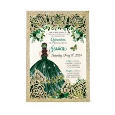 a green and gold quinceaule quinceaue bridal gown themed birthday party