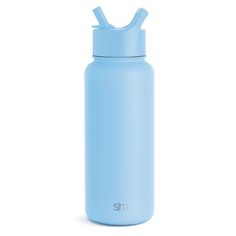 a light blue stainless steel water bottle on a white background