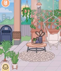 a cartoon living room with plants and furniture in it's windowsill, including a hammock hanging from the ceiling