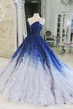 Ombre Ball Gown Lace Appliqued Long Prom Dress Ombre Ball Gown, Royal Blue Prom Dresses Long, Gown Royal Blue, Royal Blue Prom, Dresses With Appliques, Blue Prom Dresses, Ombre Prom Dresses, Formal Ball Gown, Royal Blue Prom Dresses