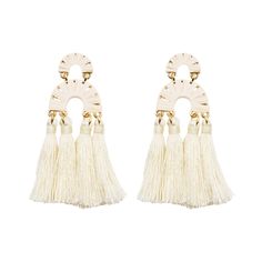 Gold And White Boho Fringe Rafia Tiered Lightweight Hypoallergenic Nickel Free Statement Drop Earrings. Custom Linen Tassels Accents And Designed With Love In Texas. Size 2.75 Inches Length x 1.0 Inch Width With Custom Sizing Available. Cheap Bohemian Cream Earrings, Affordable Bohemian Cream Earrings, Cheap Bohemian White Earrings, Cheap White Tassel Earrings, Boho Fringe, Statement Drop Earrings, Pavlova, Custom Sizing, With Love