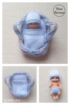 there is a small doll in a knitted hat and diaper next to it