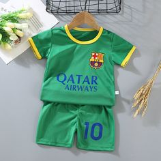 Color: Green FC Barcelona 10, Kid Size: 4T Green Cotton Sporty Sets, Playful Sports Cotton Sets, Green Short Sleeve Sets With Letter Print, Green Short Sleeve Set With Letter Print, Cotton Sports Sets For Sports Season, Family Matching Sets With Letter Print For Playwear, Family Matching Sets With Letter Print For Play, Short Sleeve Sets With Letter Print For Playtime, Sporty Cotton Sets For Sports Season