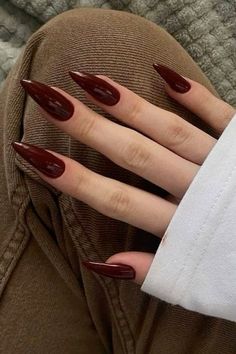 Almond Shape Maroon Nails, Wine Red Stiletto Nails, Dark Red French Tip Nails Almond Design, Dark Red Brown Nails, Dark Red Nails Stiletto, Red Nails Stiletto, Dark Red French Tip Nails, Oct Nails, Red Oval Nails