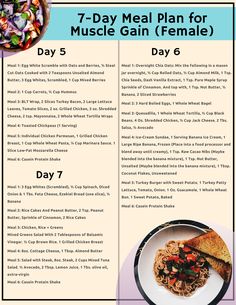 7-Day Meal Plan For Muscle Gain (Female) High Protein Meal Plan For Women Muscle Building, Eating For Muscle Gain For Women, Crossfit Meal Plan Women, Muscle Gain Meal Plan For Women, Meal Plan For Muscle Gain, Meals For Muscle Gain, Meal Plan Women, Gain Meals