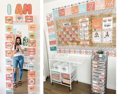 two pictures of a woman standing in front of a bulletin board with letters and numbers on it